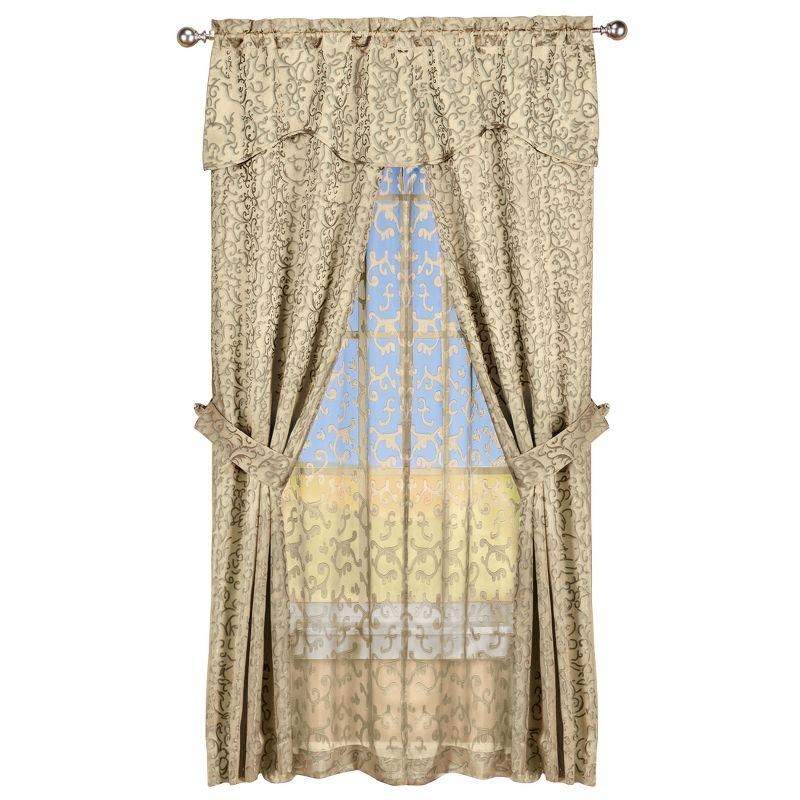 Collections Etc Insulated Scrolling Design Sheer Window Curtain Set with Tie Backs 54" x 84" Taupe