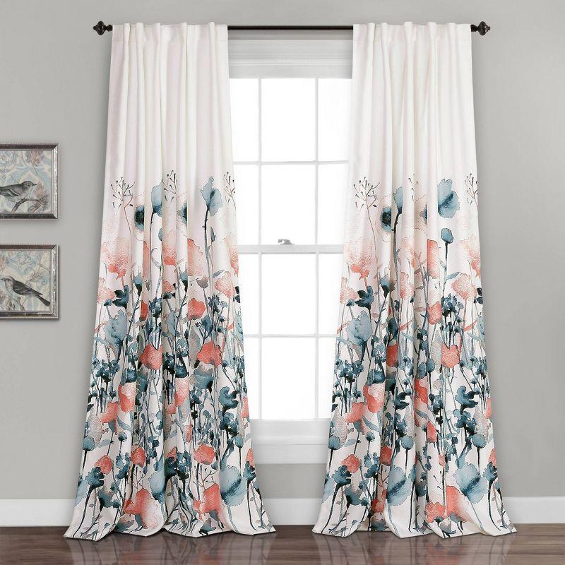 Blue Coral Floral Blackout Polyester Window Curtains, Set of 2