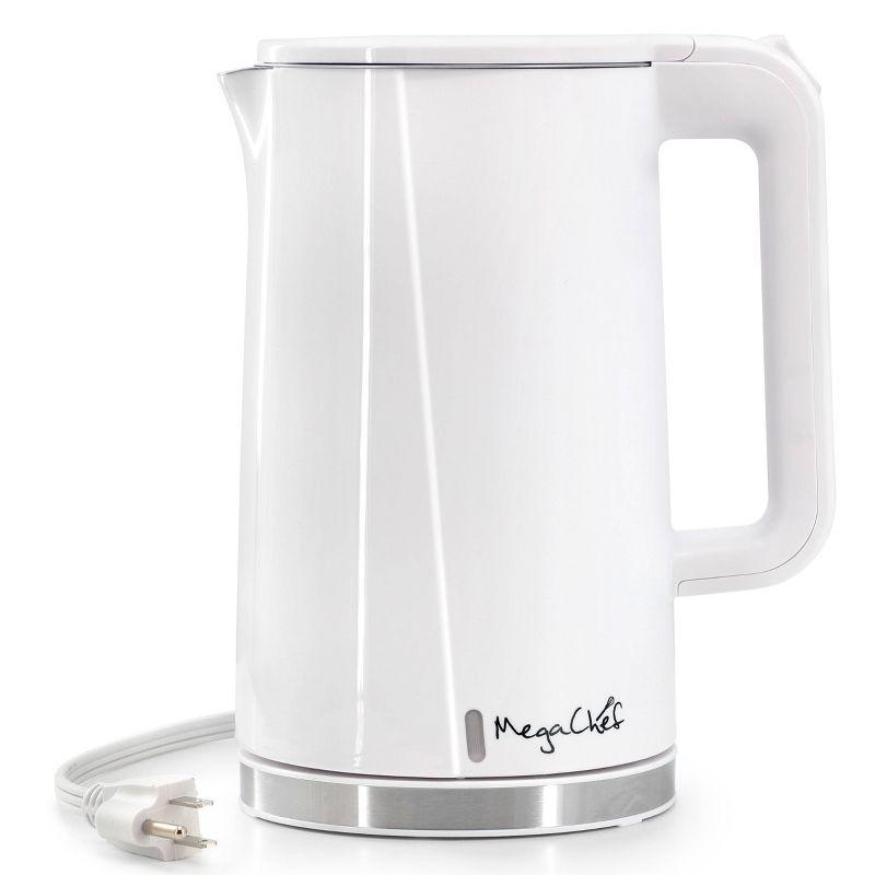 MegaChef 1.7L Double Wall Stainless Steel Electric Tea Kettle White: 90-Day Warranty, 1000W, Hand Wash, Plastic Handle