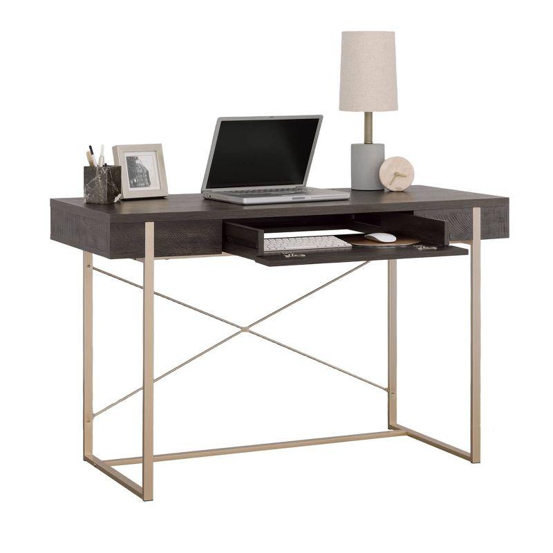 Blade Walnut Writing Desk with Gold Metal Frame and Drawer