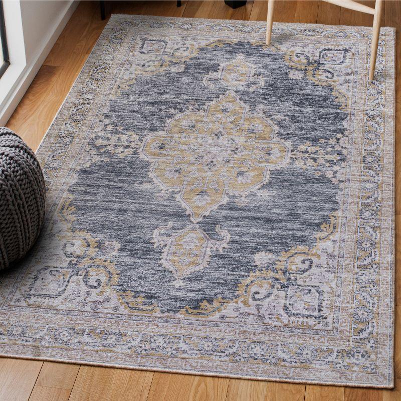 Wincer Chenille Cottage Medallion Machine-Washable Dark Gray/Yellow 3 ft. x 5 ft. Area Rug - JONATHAN Y