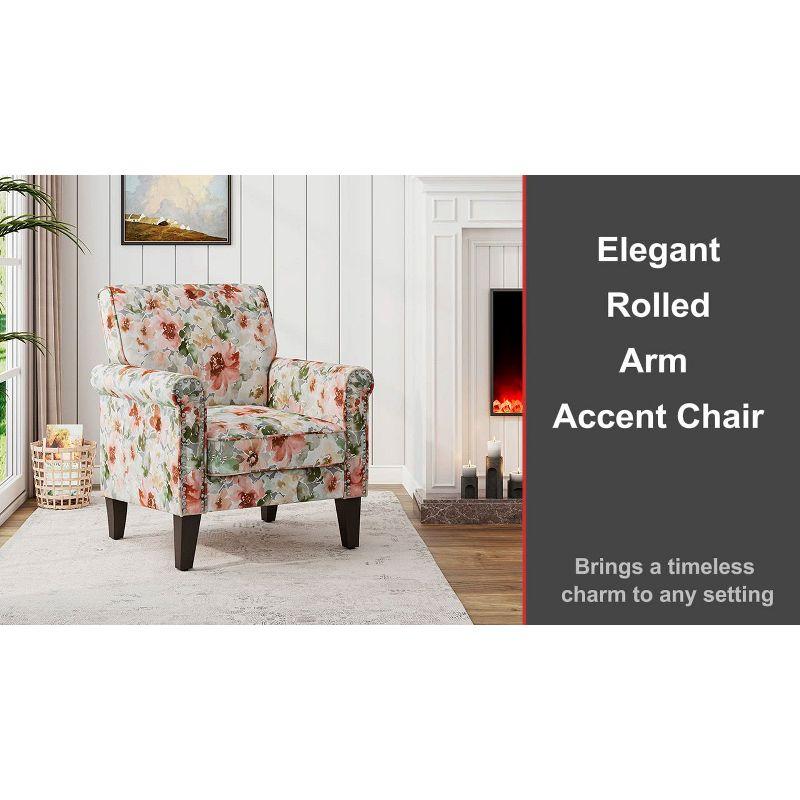 Handy Living Janet Traditional Rolled Arm Accent Chair with Pewter Nailheads Floral Pattern Pink