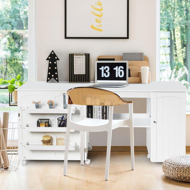 White Folding Sewing Table with Shelves and Wheels