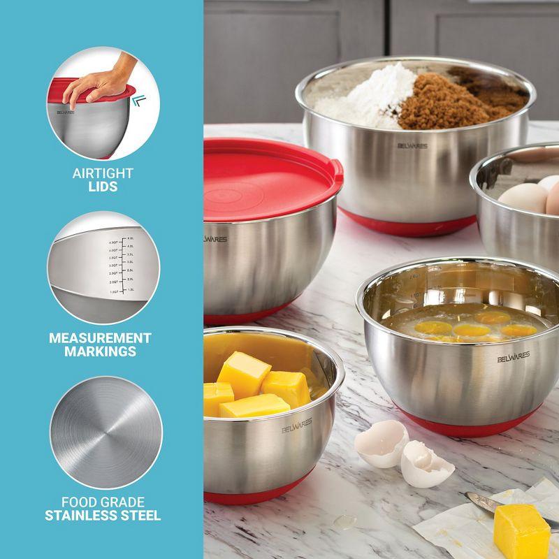 Mixing Bowls with Lids Set - Nesting Bowls with Airtight Lids + Graters - Stainless Steel Non-Slip Mixing Bowl for Baking, (Red, 5-Piece Set)