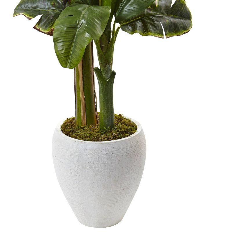 Nearly Natural 5ft Artificial Double Stalk Banana Tree in White Planter: Indoor Faux Plant Decor, No Assembly Required