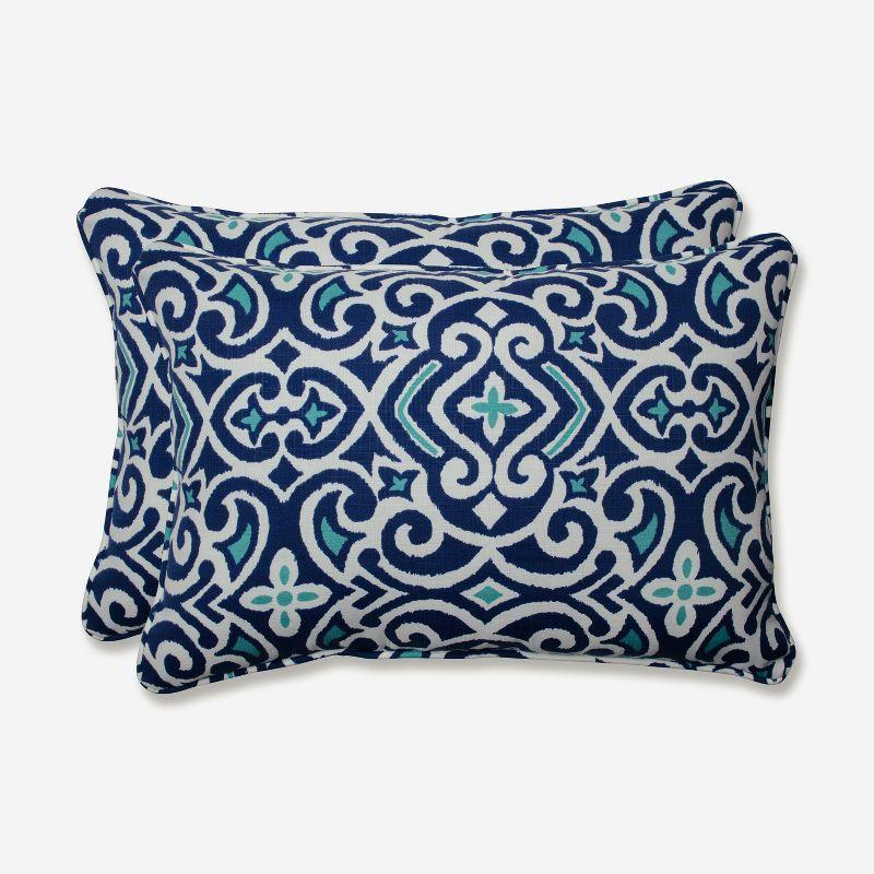 Blue and White Damask Outdoor Lumbar Pillow Set