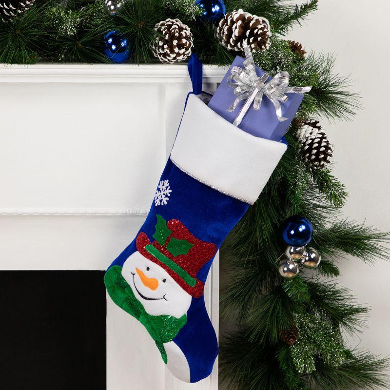 Royal Blue Velveteen Snowman Christmas Stocking with White Cuff