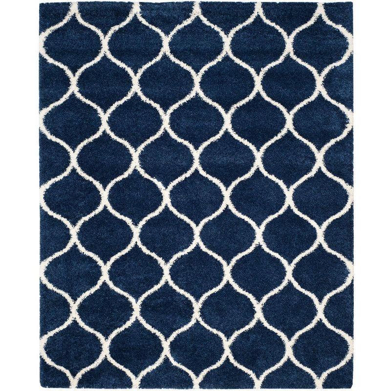 Navy and Ivory Moroccan Trellis Design Shag Rug 8' x 10'