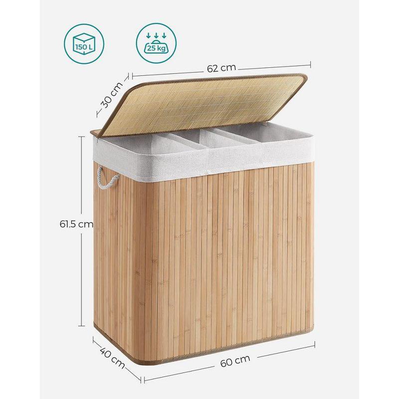 SONGMICS 39.6Gal (150L) Laundry Hamper, 3-Section Laundry Basket, Laundry Hamper with Lid, Bamboo, Foldable