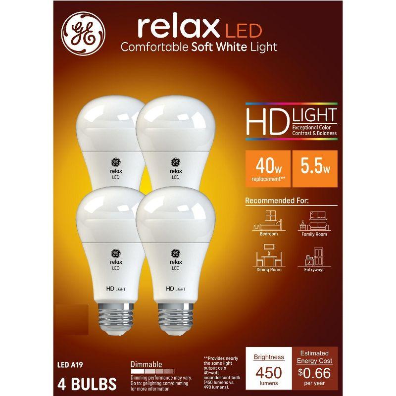 GE 4pk 40W Relax A19 LED Light Bulbs Soft White: 40W Equivalent, Dimmable, Energy Star Certified, 450 Lumens, E26 Base