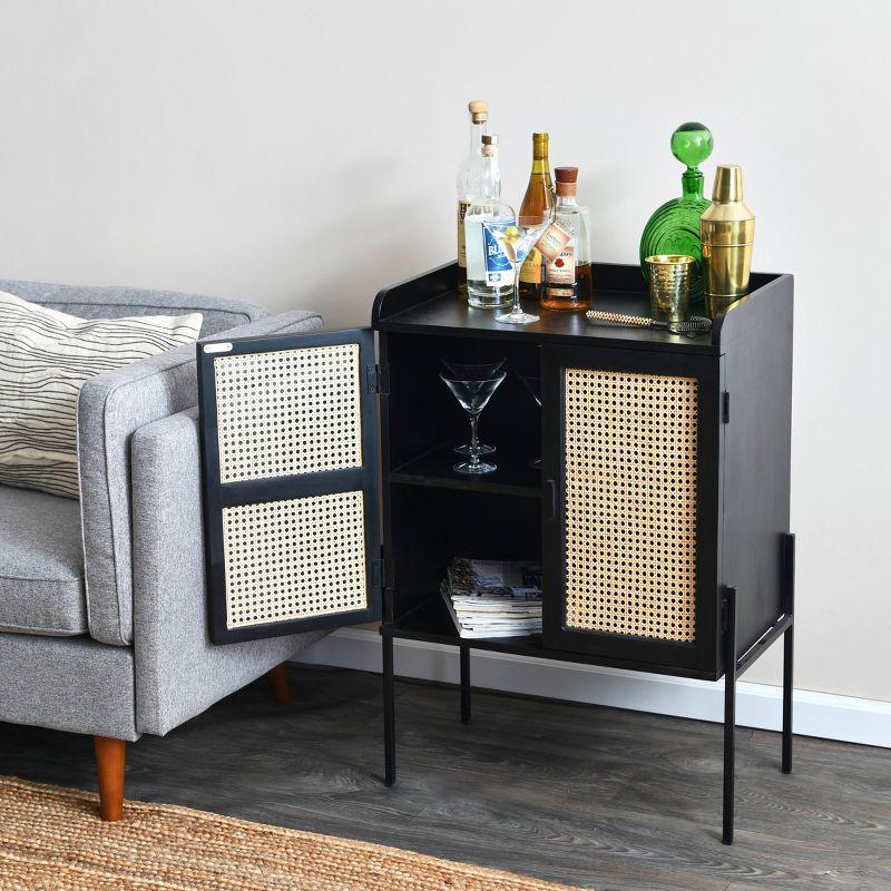 Storied Home Boho Solid Wood Bar Cabinet with Metal Legs and Woven Cane Doors