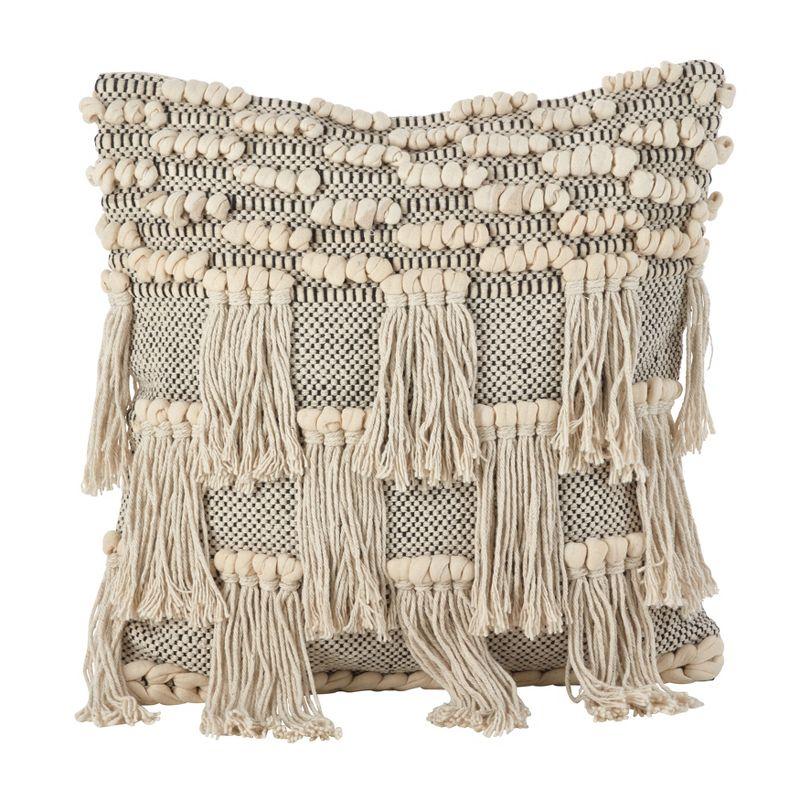 Ivory Cotton Fringe Square Throw Pillow with Down Fill