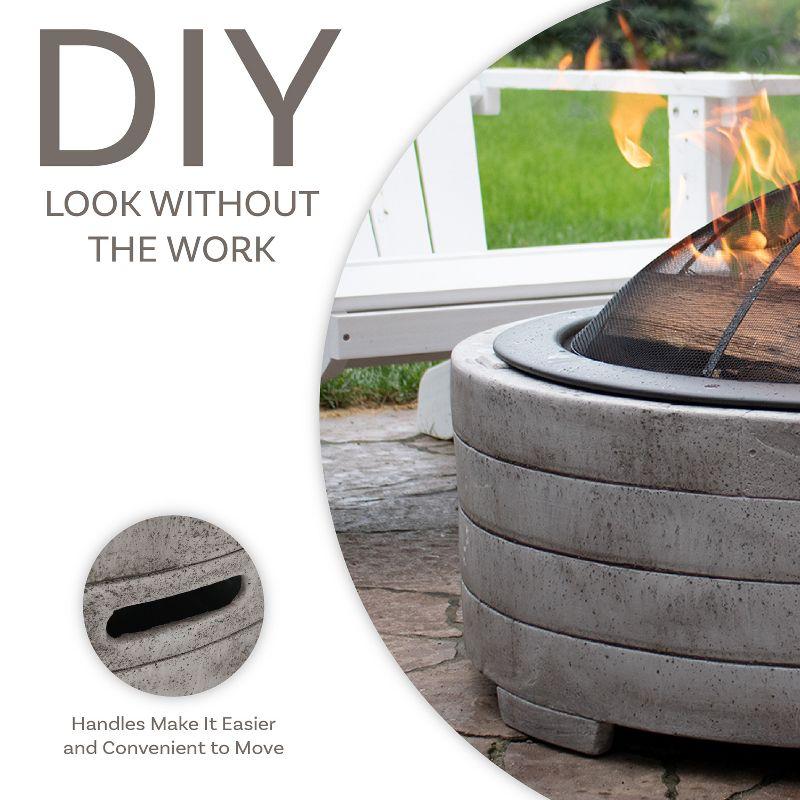 Sunnydaze Outdoor Large Round Faux Stone Fire Pit with Handles, Log Poker, and Spark Screen - 35" - Gray