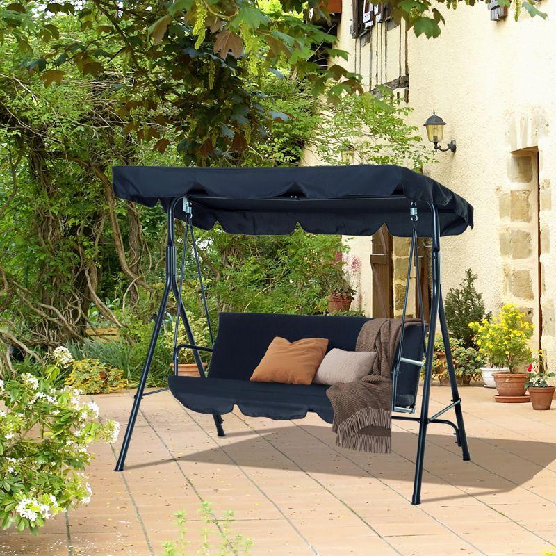 Outsunny 3-Seat Outdoor Patio Swing Chair with Removable Cushion, Steel Frame Stand and Adjustable Tilt Canopy for Patio, Balcony, Backyard, Black