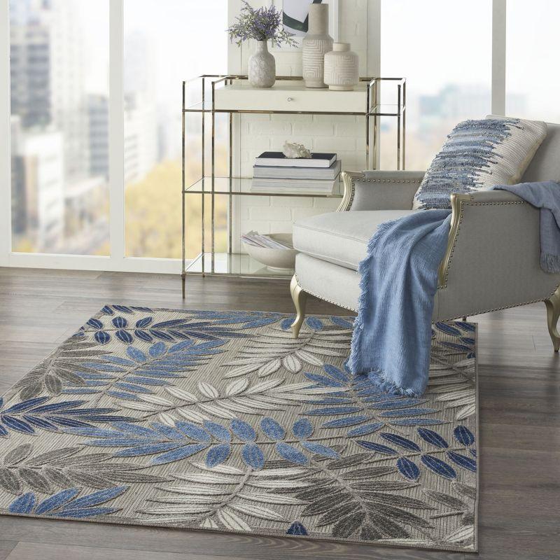 Nourison Aloha Floral Leaf Flatweave High-Low Indoor Outdoor Area Rug Grey/Blue 3'6" x 5'6"