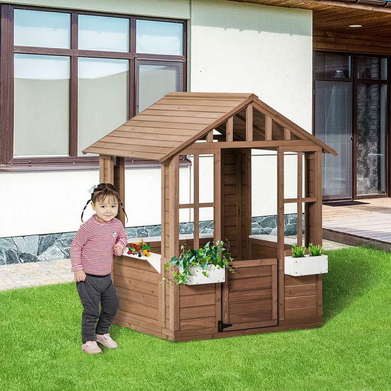 Outsunny Kids Wooden Playhouse, Outdoor Garden Games Cottage, with Working Door, Windows, Flowers Pot Holder, 47" x 38" x 54"