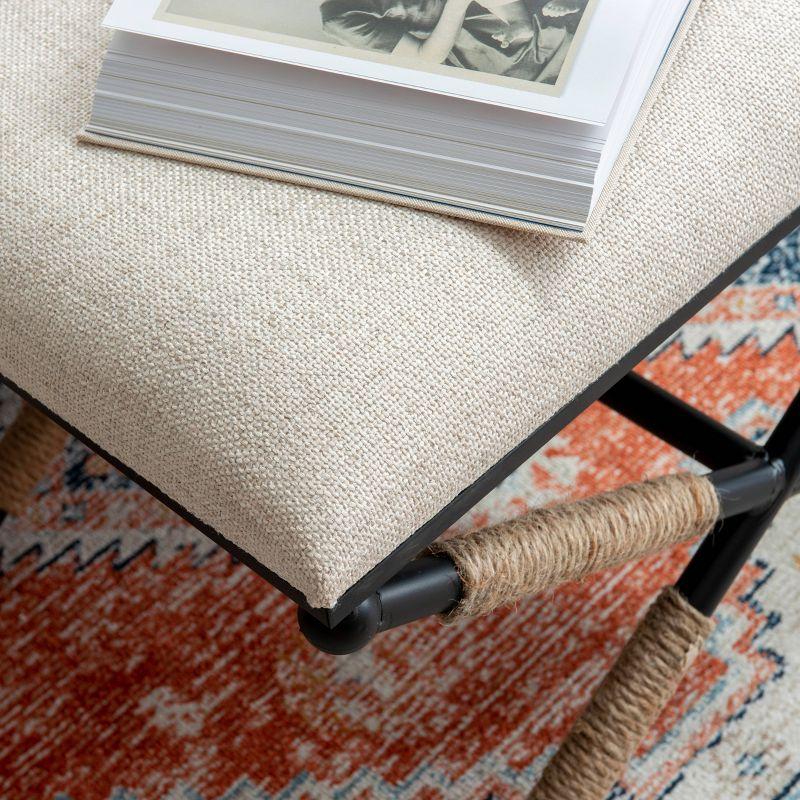 24" Ashburn Boho Rope Wrapped Campaign Accent Stool Ottoman Buff Beige Linen - Linon: Vanity, Bedroom Bench