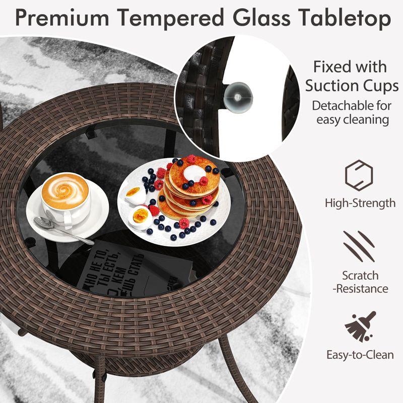 Tangkula Outdoor Side Table with Storage PE Wicker Patio Bistro Table with Tempered Glass Tabletop