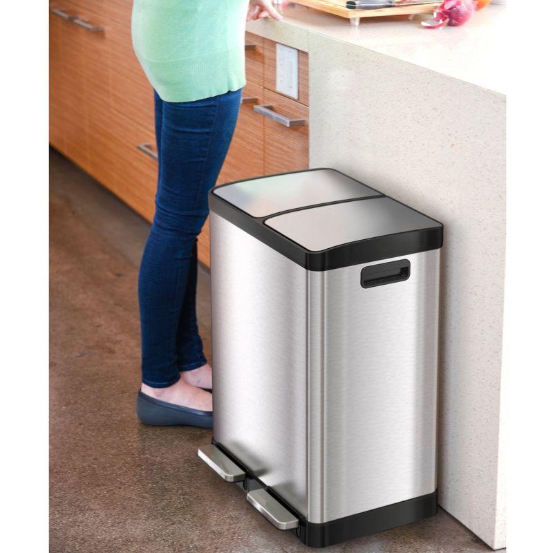 iTouchless Step Pedal Kitchen Trash Can and Recycle Bin Combo with AbsorbX Odor Filter and Removable Inner Buckets 16 Gallon Stainless Steel