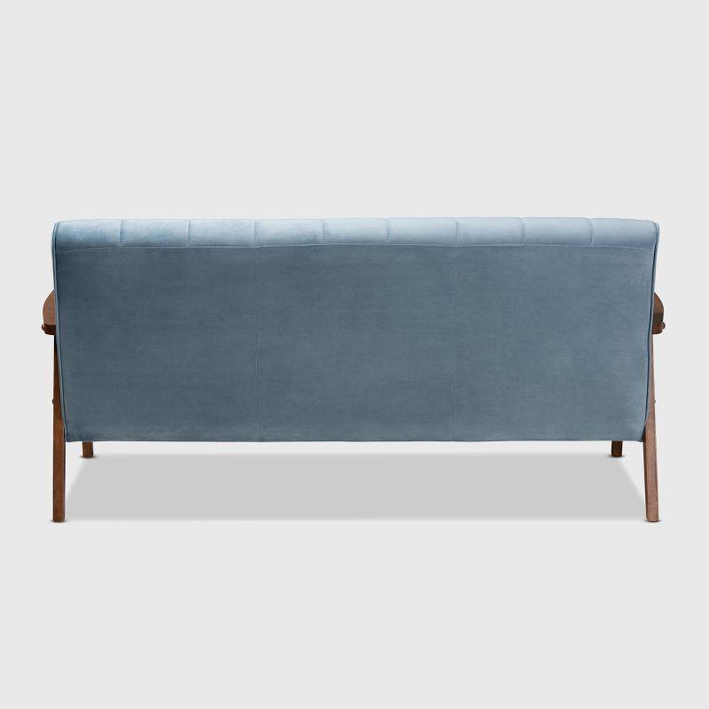 Asta Velvet Upholstered Wood Sofa Light Blue/Walnut - Baxton Studio: Mid-Century Modern, Rubberwood Frame, Tufted