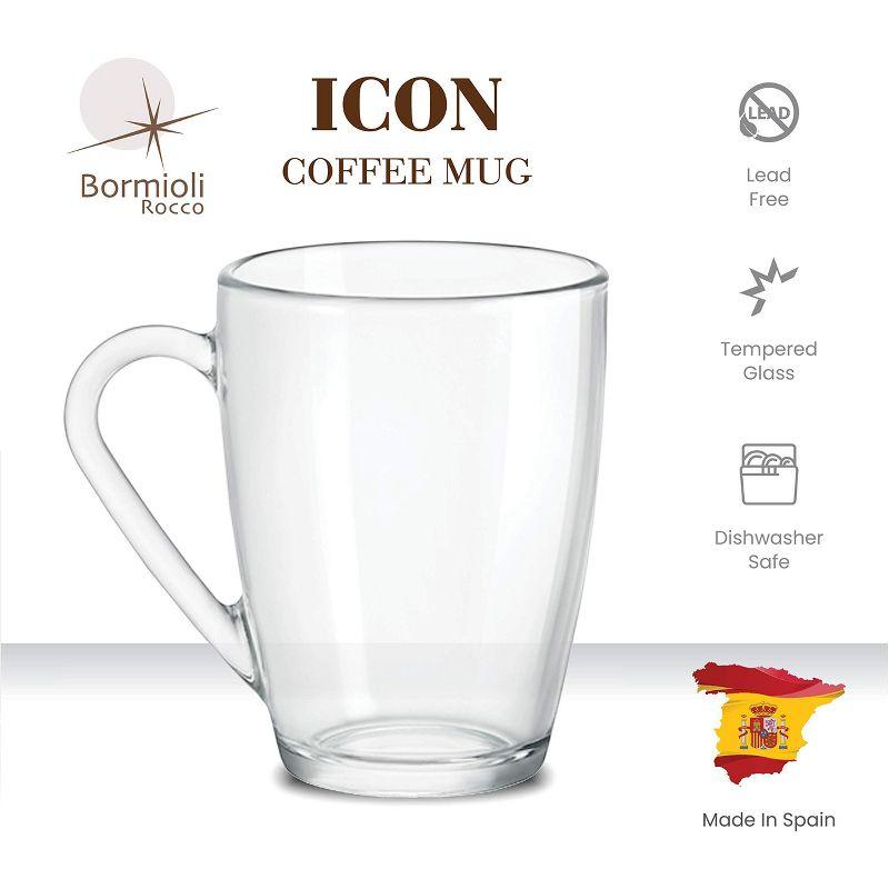 Bormioli Rocco Glass Coffee Mug, Set of 6, 10¾ oz. with Convenient Handle, Tea Glasses for Hot/Cold Beverages, Thermal Shock Resistant, Tempered Glass