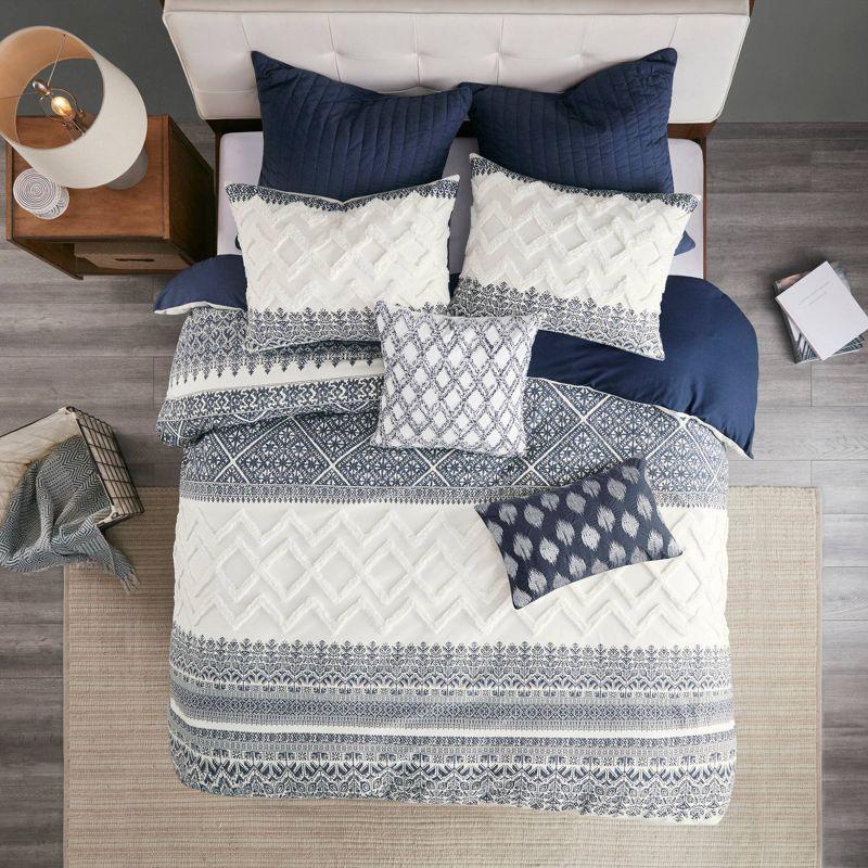 3pc Full/Queen Mila Cotton Duvet Cover Set with Chenille Tufting Navy - Ink+Ivy: Botanical Pattern, OEKO-TEX Certified