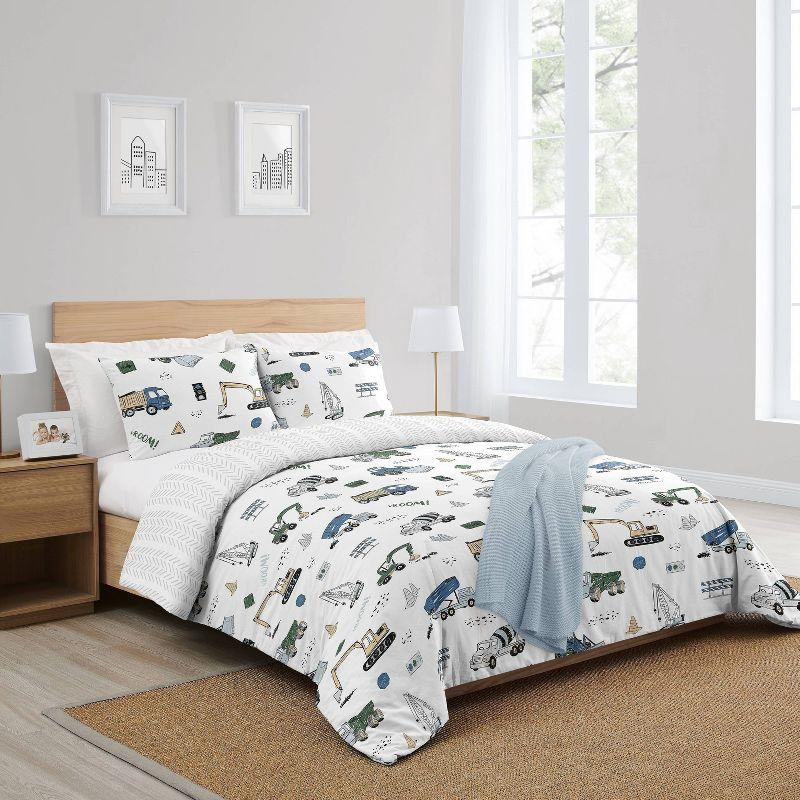 Construction Truck Blue Green Yellow Grey And Black 3 Piece Queen Comforter Set