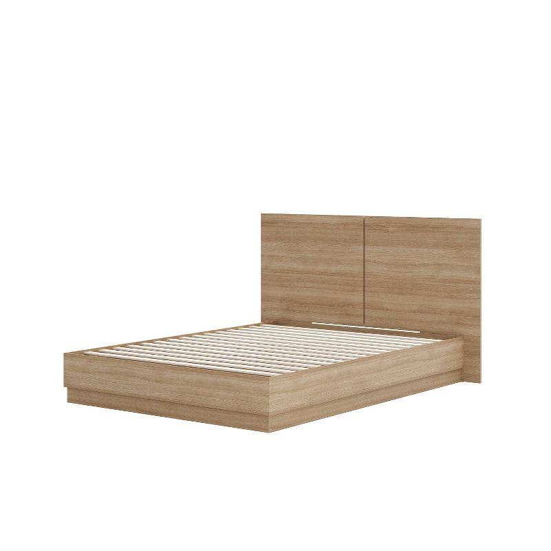 Queen Oak Wood Frame Upholstered Platform Bed with Headboard