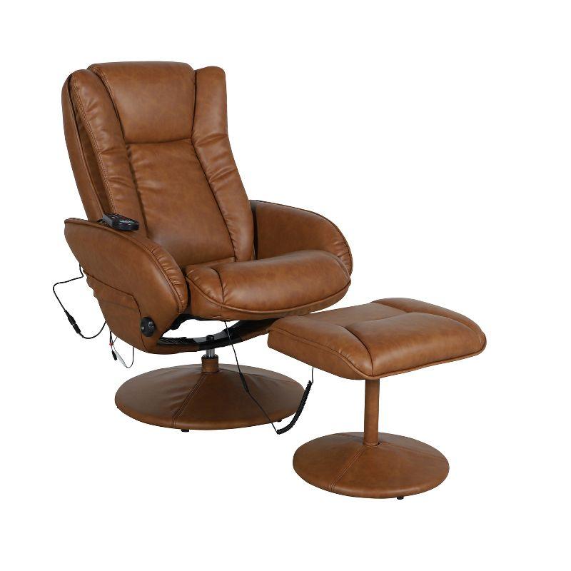 Brown Faux Leather Massaging Recliner with Ottoman and Metal Base