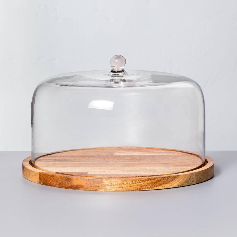 9" Wood & Glass Covered Dessert Storage Brown - Hearth & Hand™ with Magnolia: Acacia Cake Display Stand, Hand Wash