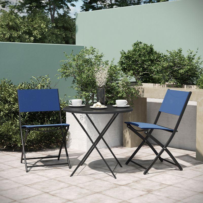 Emma and Oliver Set of 2 Folding Chairs for Indoor/Outdoor Use with Navy Flex Comfort Material and Black Steel Frames