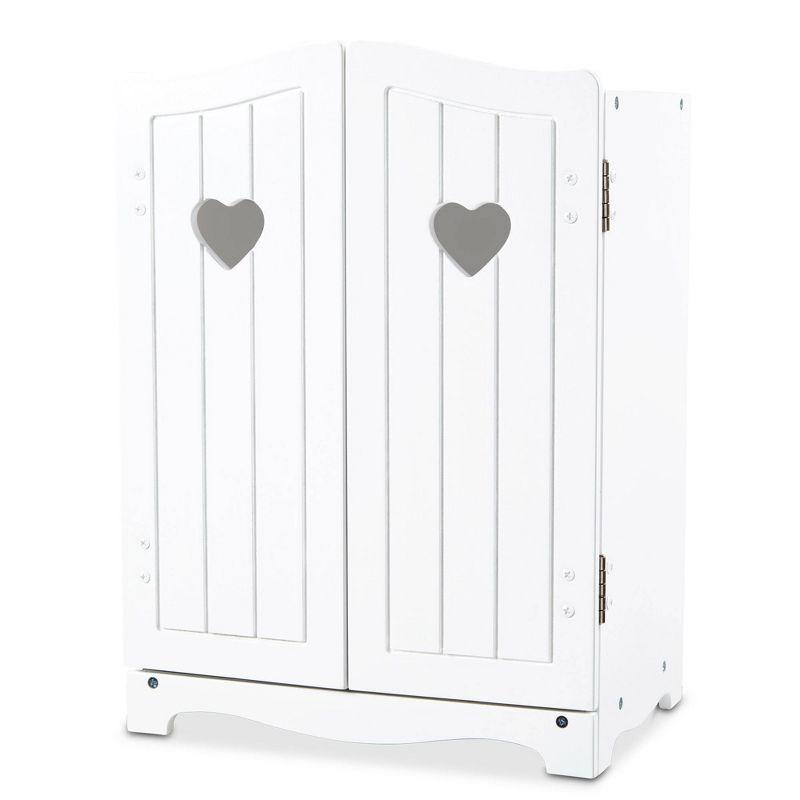 Modern White Wooden Doll Armoire with Shelves and Hangers