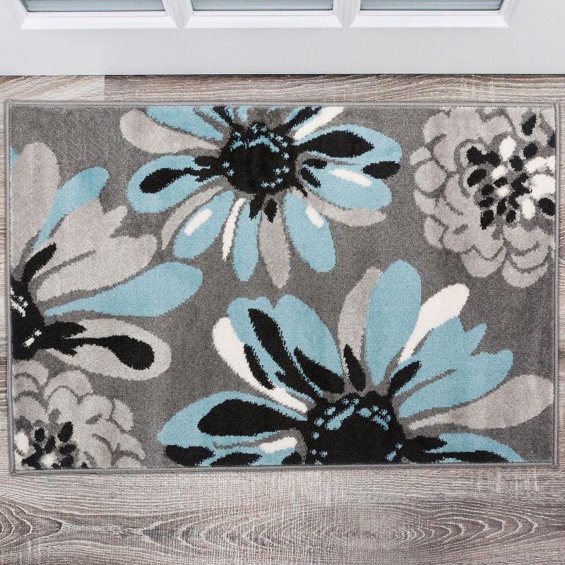 World Rug Gallery Contemporary Modern Flowers Door Mat - Blue 2' x 3':  Floral,  Stain-Resistant,  Low Pile,  Indoor Use
