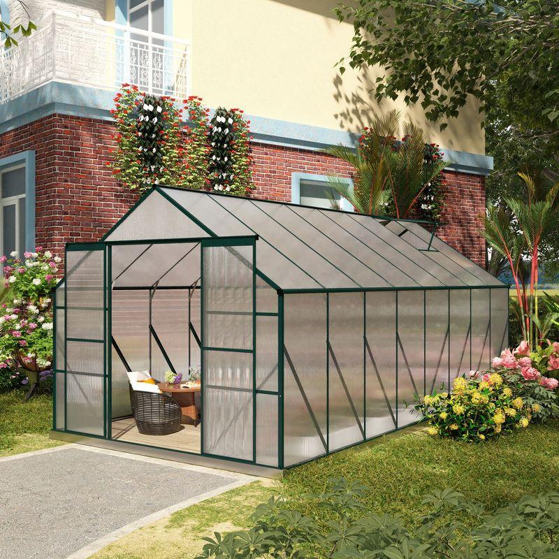 Outsunny Aluminum Greenhouse Polycarbonate Walk-in Garden Greenhouse Kit with Adjustable Roof Vent, Rain Gutter and Sliding Door