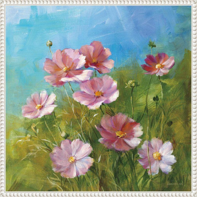 Summer Field Pink Flowers Canvas Print with White Frame