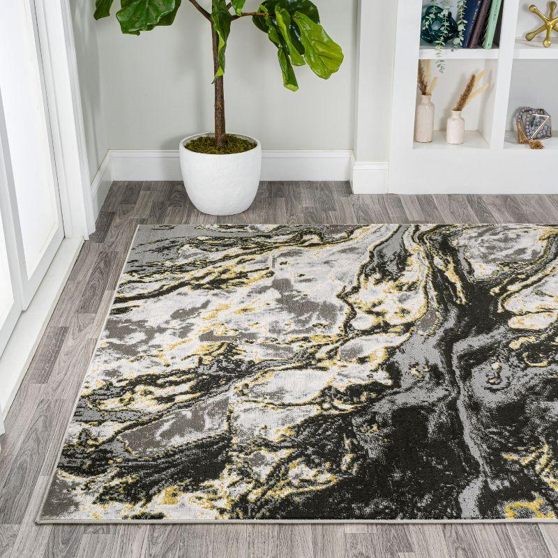 Abstract Swirl Marbled 5x8 Black/Yellow Synthetic Area Rug