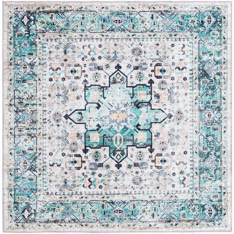 Aqua Green Square Easy-Care Chenille Area Rug 5'1" x 5'1"