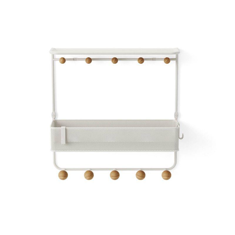 Estique White/Natural 10-Hook Wall Shelf with Perforated Metal Basket