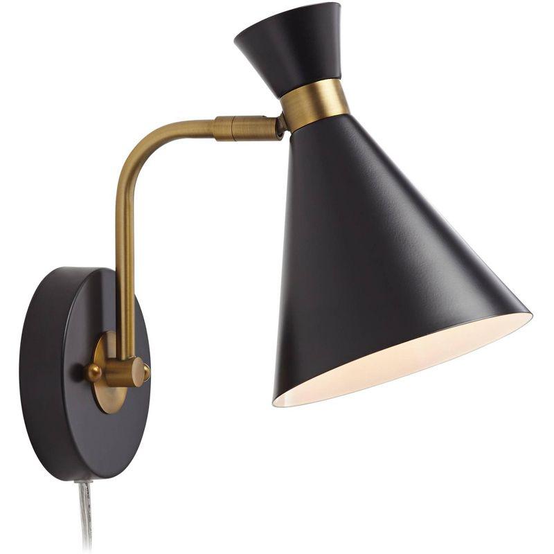 360 Lighting Venice Mid Century Modern Wall Lamp Matte Black Brass Plug-in 6 1/4" Light Fixture Adjustable Metal Cone Shade for Bedroom Living Room