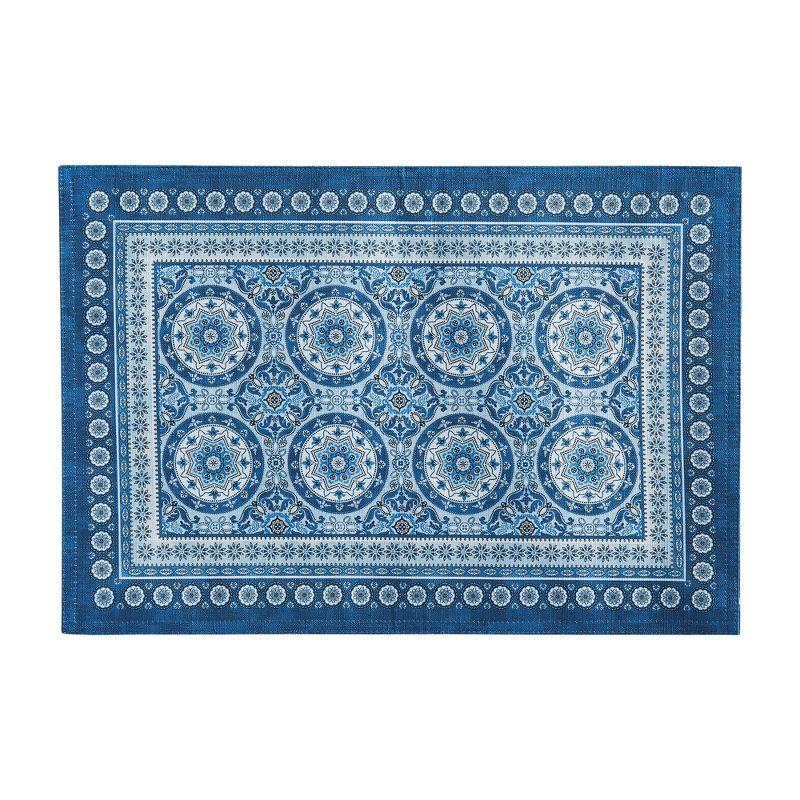 Vietri Medallion Blue Block Print Stain & Water Resistant Indoor/Outdoor Placemats, Set of 4 - Multicolor - 13x19 - Elrene Home Fashions