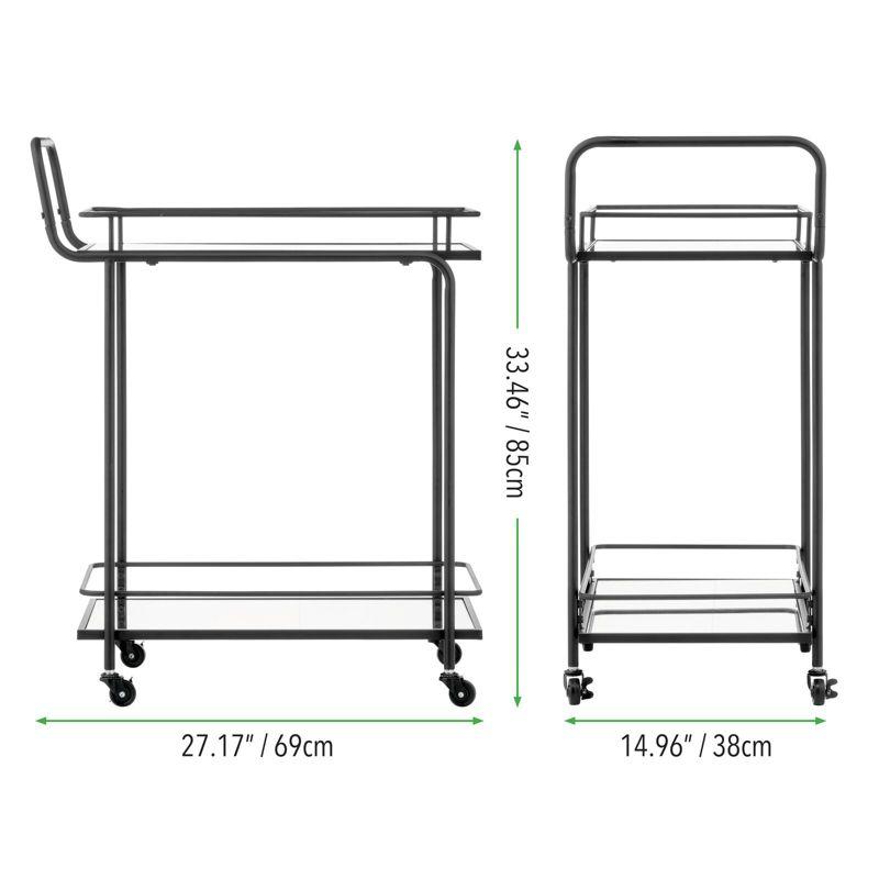 Elegant Black Metal Rectangular Bar Cart with Glass Shelves and Wine Rack