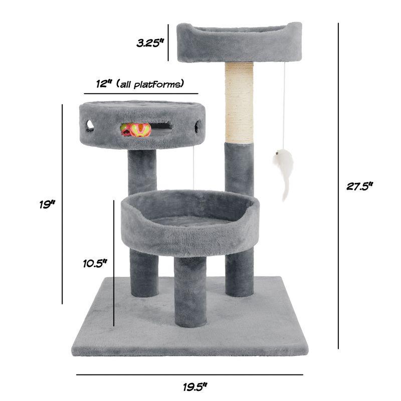 3-Tier Cat Tower with Sisal Rope Scratching Post, 2 Carpeted Napping Perches, Hanging Mouse, and Interactive Toy for Indoor Cat Use by PETMAKER (Gray)