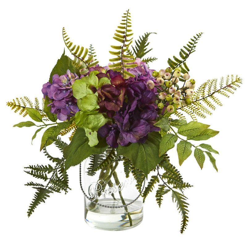 Elegant Hydrangea & Berry Silk Floral Arrangement in Glass Vase