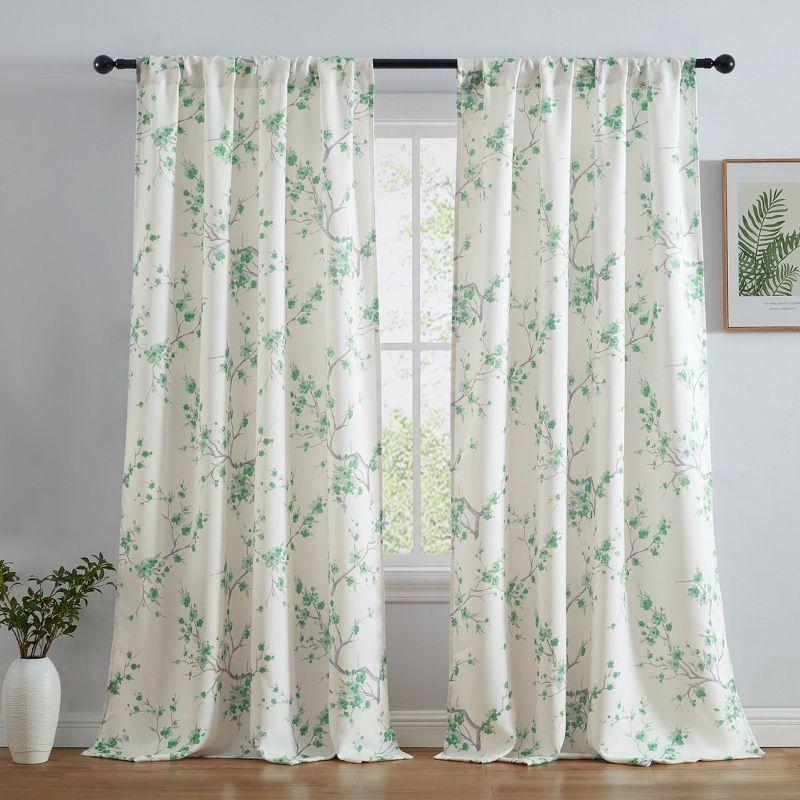 HLC.ME Jasmine Floral Patterned Window Rod Pocket Curtains - Light Blocking Darkening Window Panels, Set of 2 - Seafoam Green, 52 W x 84 L