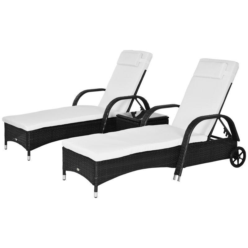 Outsunny Chaise Lounge Set of 2 with 5 Angle Backrest, Wheels, Armrests, Table, Cushions, PE Rattan Wicker Chairs, 3-Piece Pool Furniture Set, Black