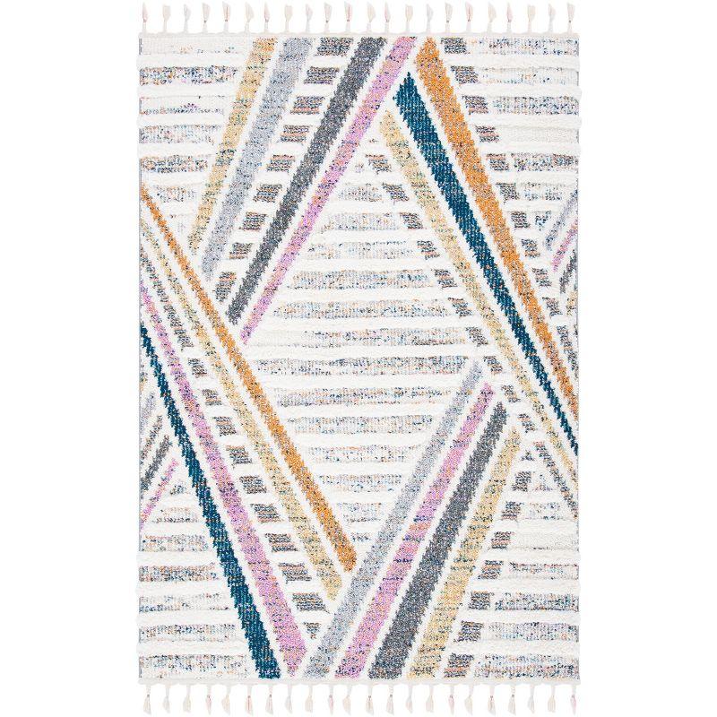 Ivory and Grey Geometric Fringe Shag Area Rug 8' x 10'