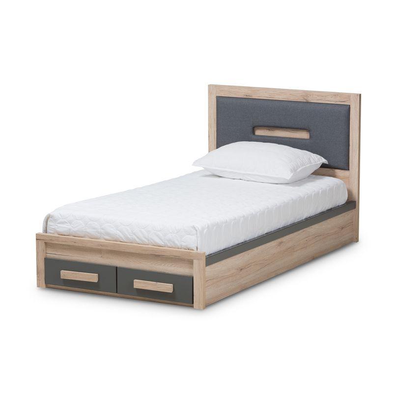 Baxton Studio Twin Pandora Modern and Contemporary Two Tone 2 Drawer Size Storage Platform Bed Dark Gray/Natural: Upholstered Headboard