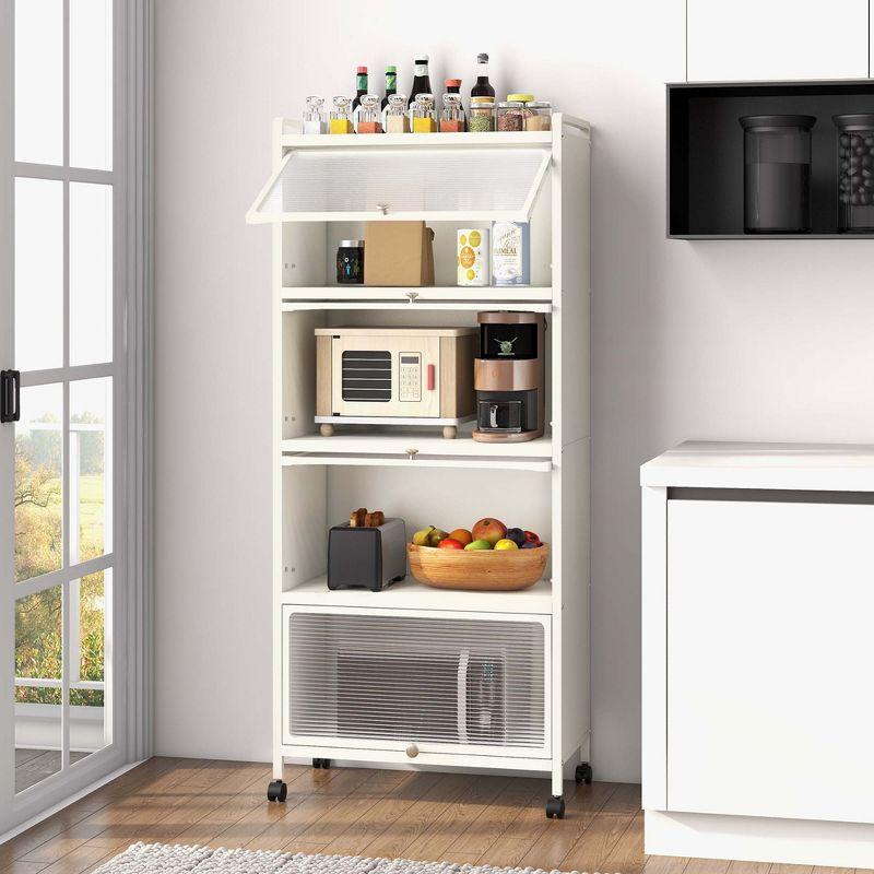 Costway 5-Tier Kitchen Baker's Rack Storage Cabinet Mobile Microwave Stand Flip-up Doors White/Black/Grey/Green