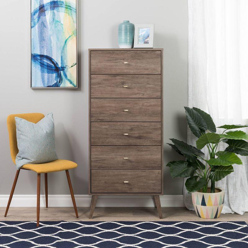 6 Drawer Milo Mid-Century Modern Tall Chest Drifted Gray - Prepac: Space-Saving Bedroom Storage