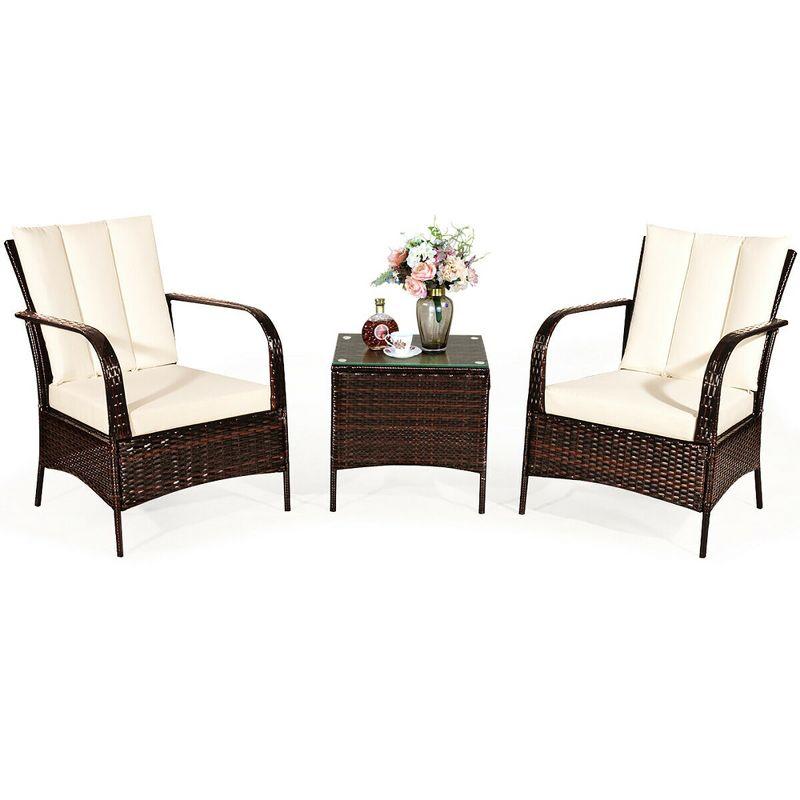 3-Piece Beige Rattan Patio Set with Cushions and Glass Table